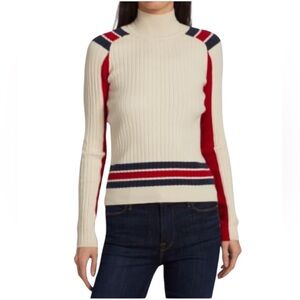 Rag & Bone Julee Turtleneck Wool Blend Sweater Cream With Red, Navy Stripes, L
